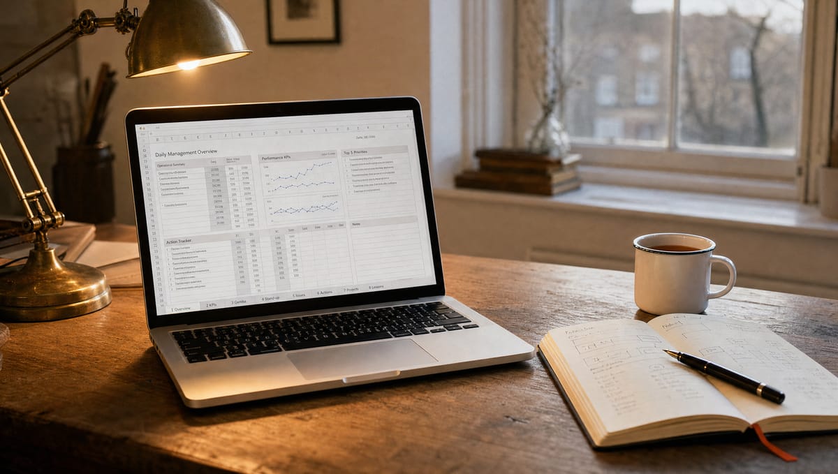 An open laptop on a wooden desk showing the Cadence Standard Toolkit spreadsheet — a leather notebook with hand-drawn diagrams, a brass anglepoise lamp, and a mug of tea sit alongside it.